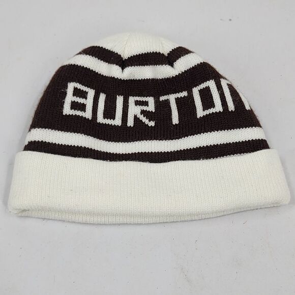 Burton Snowboarding Beanie Brown White Stripe Logo Spellout - Picture 1 of 4